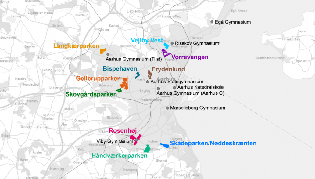 Kort 11 boligområder omfattet af fordelingsreglerne.