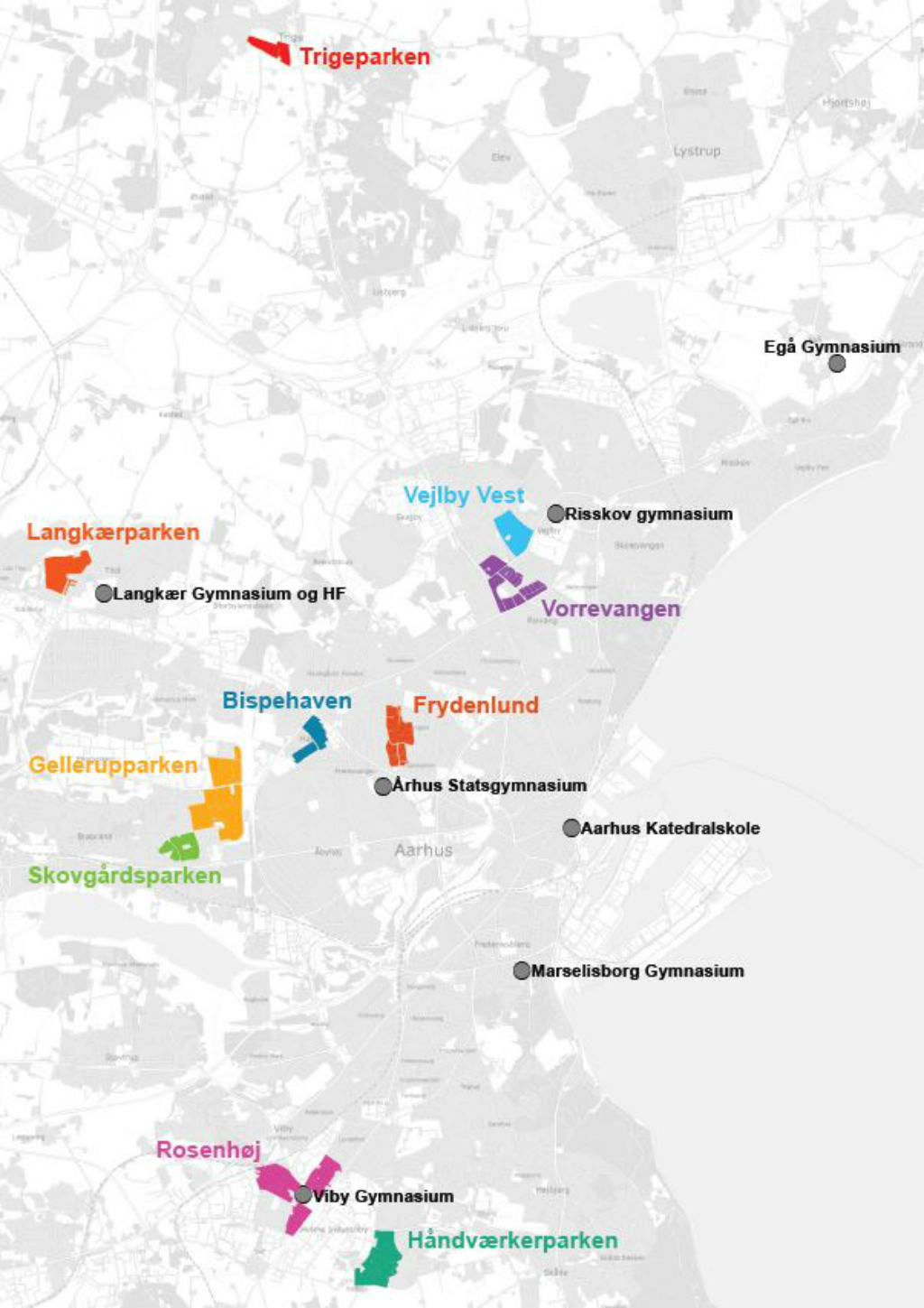 Oversigtskort over de 10 kombinerede udlejningsområder og de 7 gymnasier i Aarhus by