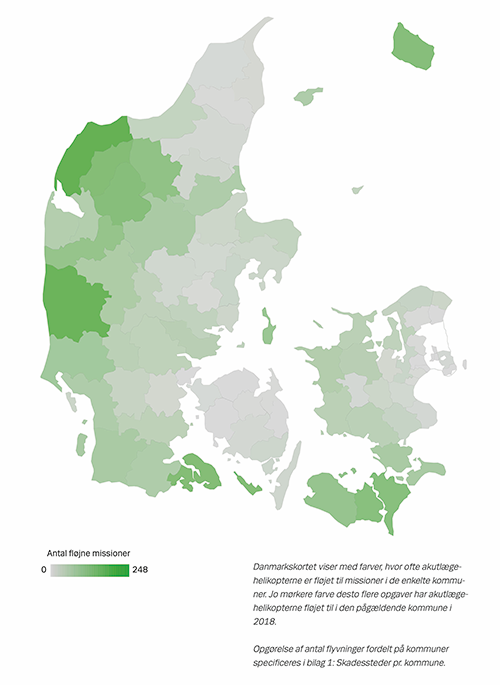 Danmarkskort der viser med farvekode, hvor ofte helikopterne er landet i de enkelte kommuner i 2018