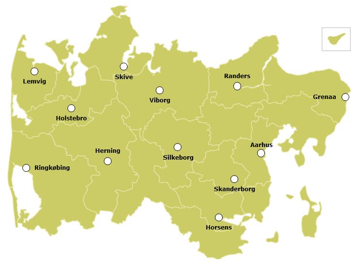 KOrt der viser, hvor i Region Midtjylland raske børn over 2 år kan blive testet i samfundssporet