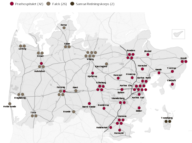 Kort der viser fordelingen af ambulancer i Region MIdtjylland pr. december 2021 