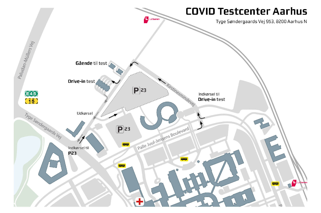 Kort-illustration over området ved Testcenter Aarhus ved Aarhus Universitetshospital. Foto: Tonny Foghmar