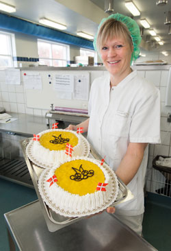 Ernæringsasistent Gitte Carstens fremviser royale lagkager fra Hammel, Silkeborg, Viborg og Skive./Foto: Hospitalsenhed Midt