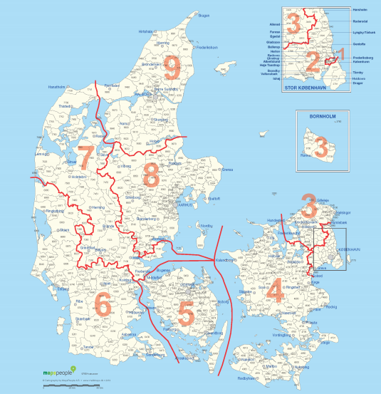 Gå til stort Danmarkskort med postnumre og grænser