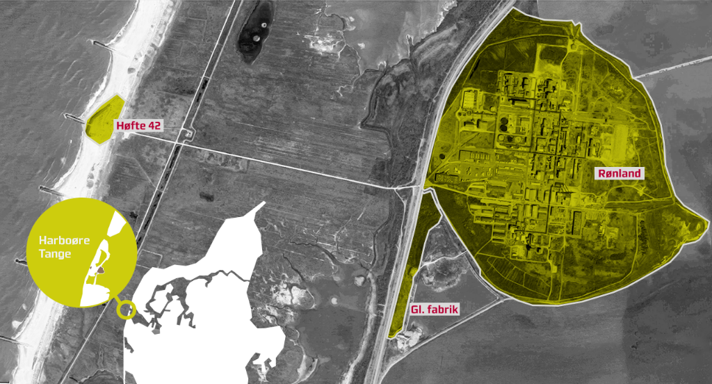 Kort-illustration over Harboøre Tange med markering af områderne for de tre generationsforureninger på hhv. Høfde 42, Cheminovas gamle fabriksgrund og nuværende fabriksgrund (FMC Site Rønland). Illustration: Region Midtjylland