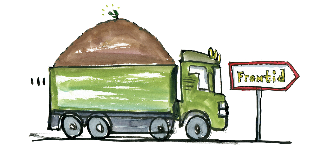 Illustration med håndtegnet lastbil med jord på landet. Tegning af: Frits Ahlefeldt