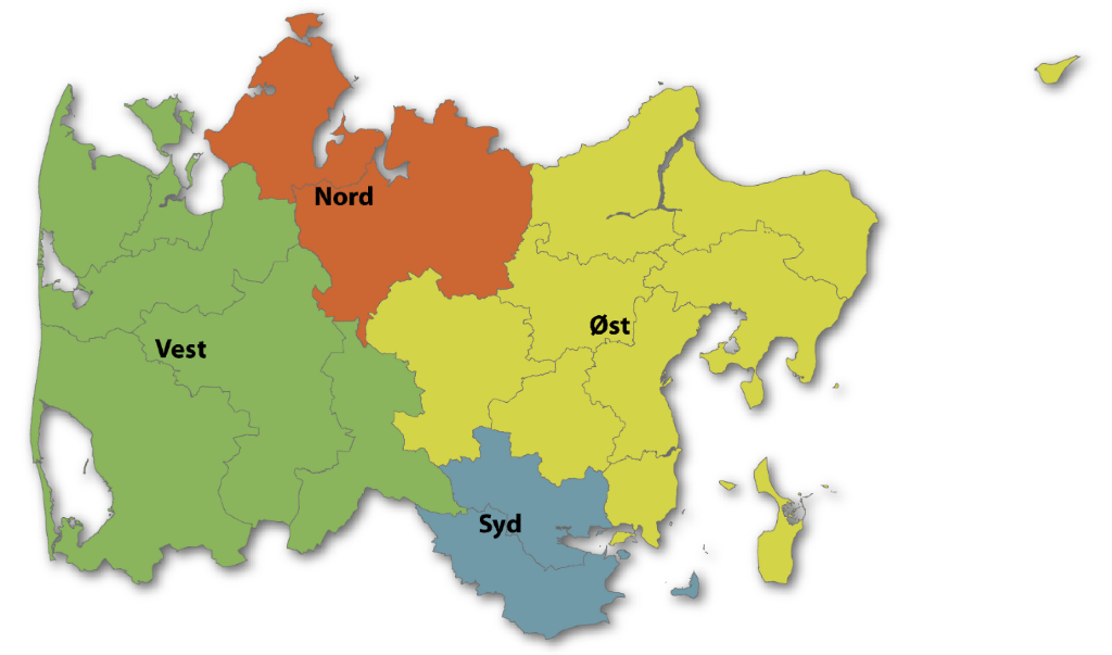 Kort over Region Midtjylland med markering af, hvor grænserne mellem de fire fordelingsudvalg går.
