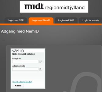 Forside på loginskærm til wifi. Her vises fanebladene Login med CPR, Login med NemID, Login med sms og Login for ansatte.